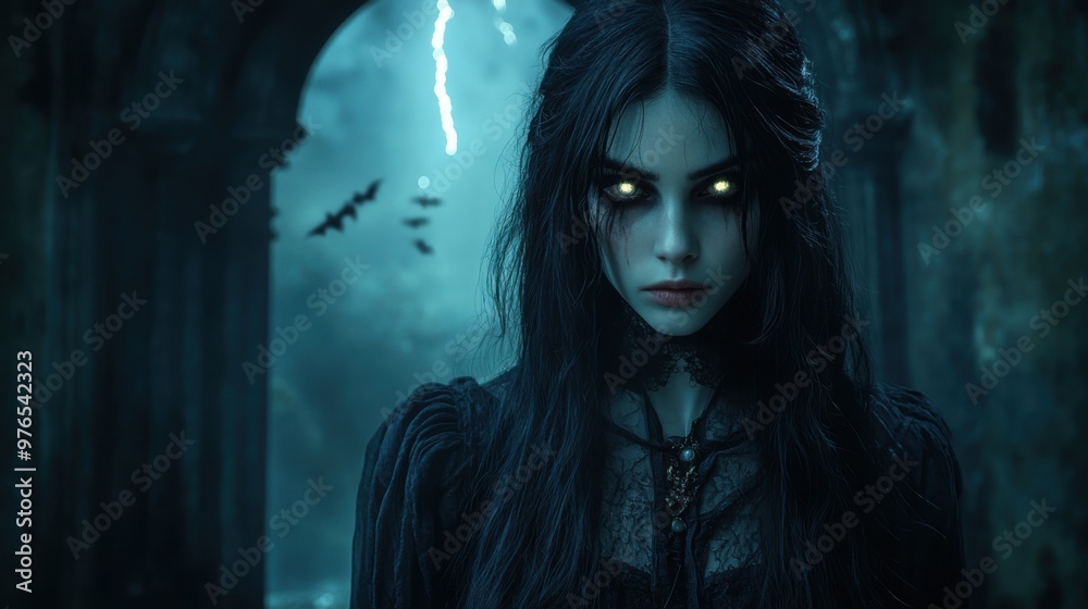 Enigmatic Vampire at Gothic Castle Entrance with Glowing Eyes and Bats in Dramatic Lightning - Moody Fantasy Portrait Enigmatic Vampire at Gothic Castle Entrance with Glowing Eyes and Bats in Dramatic Lightning - Moody Fantasy Portrait