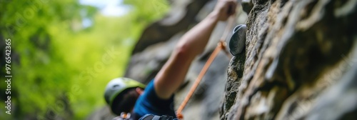 An outdoor rock climber ascends a cliff, equipped with a helmet and ropes, emphasizing adventure, strength, and safety in the thrilling sport of rock climbing. photo