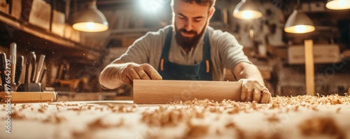 A skilled carpenter working meticulously on a wooden piece in a rustic workshop, surrounded by tools and wood shavings.