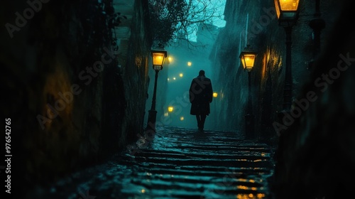 Mysterious Ghostly Figure Walking in Shadowy Alley with Flickering Streetlights