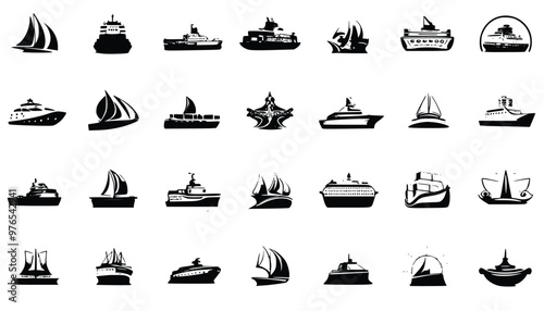 List of different type of ships, and boats icon set. Vector illustration. 