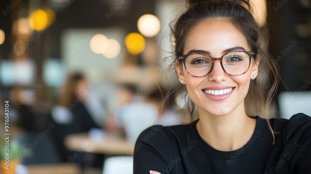 Happy Young Woman Wearing Glasses in Office Setting Happy Young Woman Wearing Glasses in Office Setting