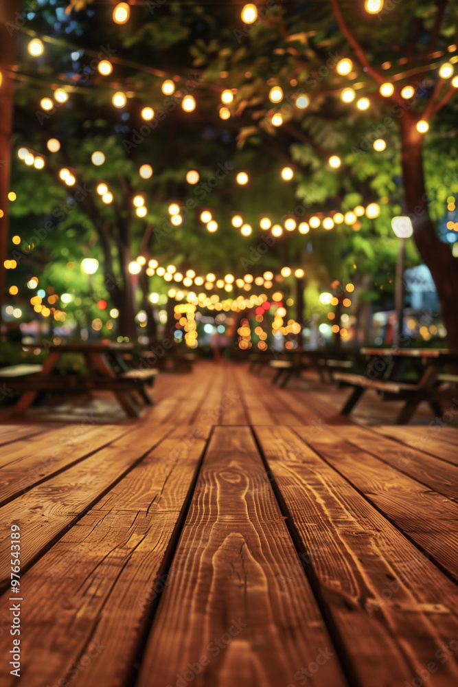  Empty brown wooden floor with night festival bokeh lights in garden