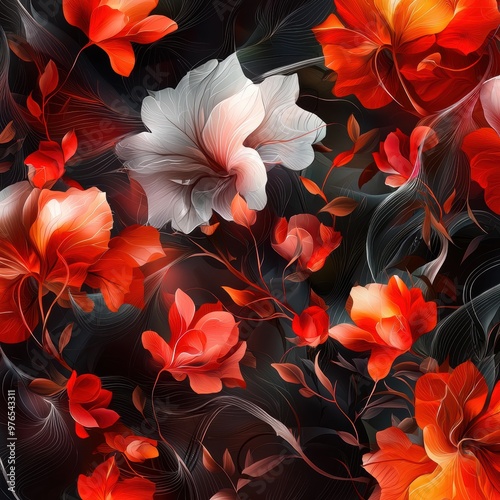 A black and white floral pattern with red and white flowers. The flowers are arranged in a way that creates a sense of movement and depth. Scene is serene and calming