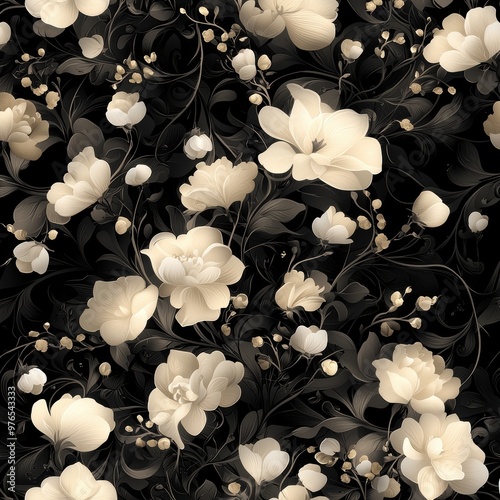 A black and white floral pattern with white flowers. The flowers are arranged in a way that they look like they are blooming. The image has a vintage feel to it, and the black
