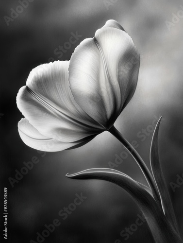 A black and white photograph of a single flower with a green stem. The flower is the main focus of the image, and it is a tulip. The photograph has a simple and elegant feel, with the black