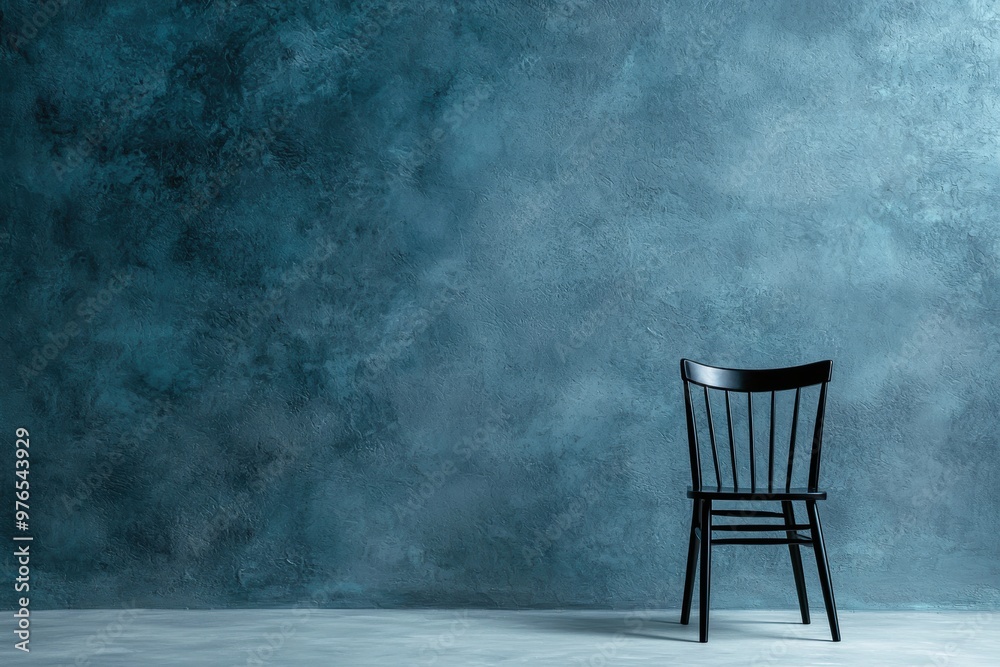 A black chair sits in front of a blue wall. The chair is empty and the wall is painted a dark blue color A black chair sits in front of a blue wall. The chair is empty and the wall is painted a dark blue color