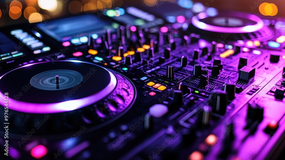 DJ Mixer Console with Purple Lights and Bokeh DJ Mixer Console with Purple Lights and Bokeh