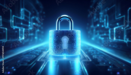 Wallpaper Mural データセキュリティのイメージ。電子回路が張り巡らされた青く光る南京錠。青く光る電子回路の背景。 Torontodigital.ca