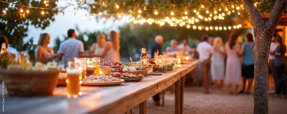 A vibrant outdoor gathering with delicious food and drinks, illuminated by string lights, creating a festive atmosphere. A vibrant outdoor gathering with delicious food and drinks, illuminated by string lights, creating a festive atmosphere.