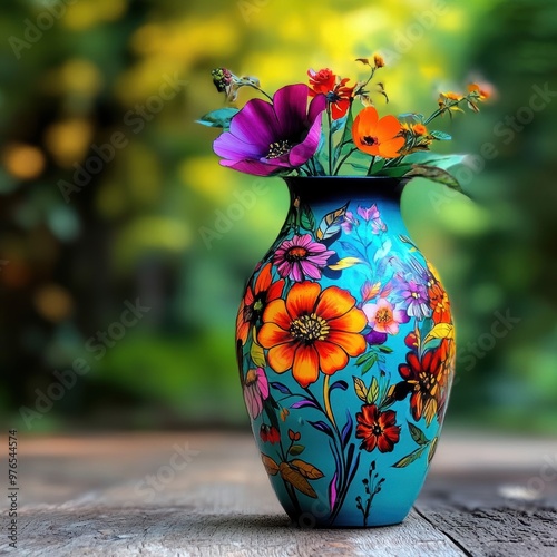 A blue vase with a colorful floral design sits on a wooden table. The vase is filled with a variety of flowers, including purple and orange blooms. Concept of freshness and natural beauty