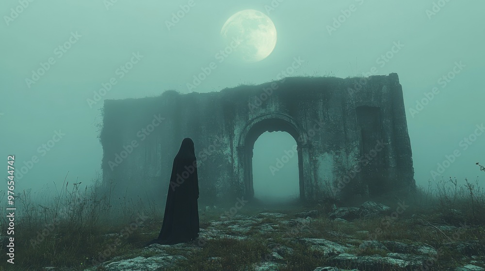 Eerie Ghostly Figure at Abandoned Building Entrance in Thick Fog with Creepy Moonlit Ambiance Eerie Ghostly Figure at Abandoned Building Entrance in Thick Fog with Creepy Moonlit Ambiance