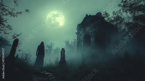 Spooky Haunted Graveyard at Night with Ghostly Apparition, Creepy Mausoleum, and Full Moonlit Foggy Atmosphere