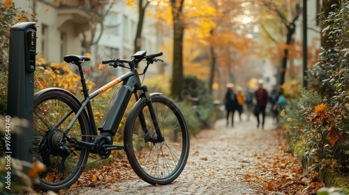 Eco-Friendly Urban Commuting - Electric Bike at Charging Station in City Park with Joggers and Walkers