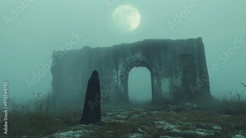 Eerie Ghostly Figure at Abandoned Building Entrance in Thick Fog with Creepy Moonlit Ambiance
