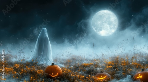 Halloween Magic in the Pumpkin Patch - Spooky Ghost, Full Moon, Foggy Night Scene