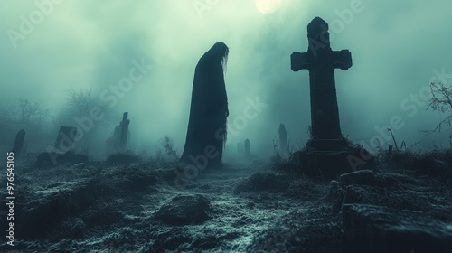 Eerie Encounter: Ghostly Figure by Crumbling Gravestone in Moonlit Cemetery
