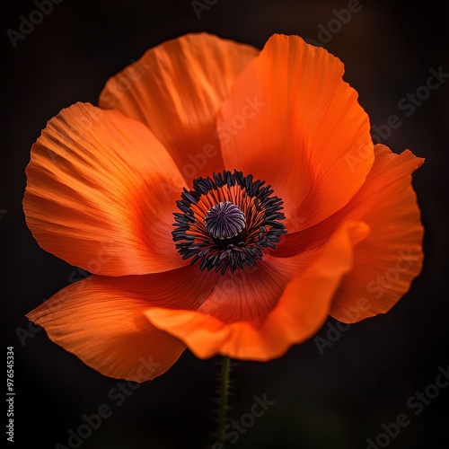 A close up of a red flower with a black center. The flower is the main focus of the image and it is surrounded by a dark background. The flower is in full bloom and it looks vibrant and alive