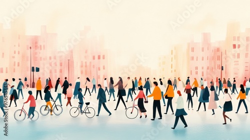 A vibrant urban scene depicting diverse people walking and cycling in a busy city, showcasing community and movement.