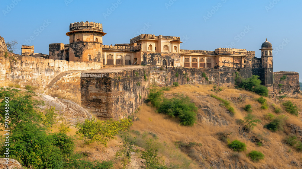 Obraz premium A majestic historical fort on a hill with ornate architecture and ancient stone walls, surrounded by lush greenery under a clear blue sky.