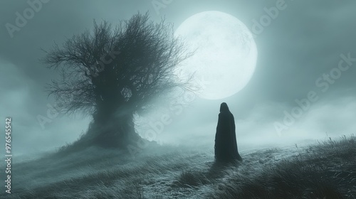 Haunting Ghostly Apparition near Ancient Tree in Foggy Field under Moonlight Shadows