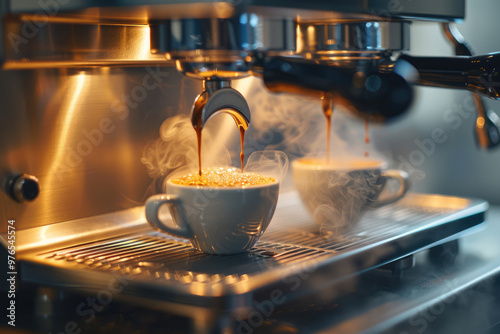 The coffee machine on the table and a cup of fresh coffee