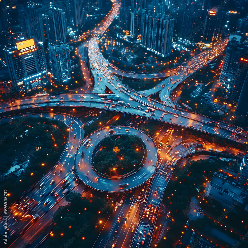 Night City Highway Illustration - Aerial View of Busy City Traffic Night City Highway Illustration - Aerial View of Busy City Traffic