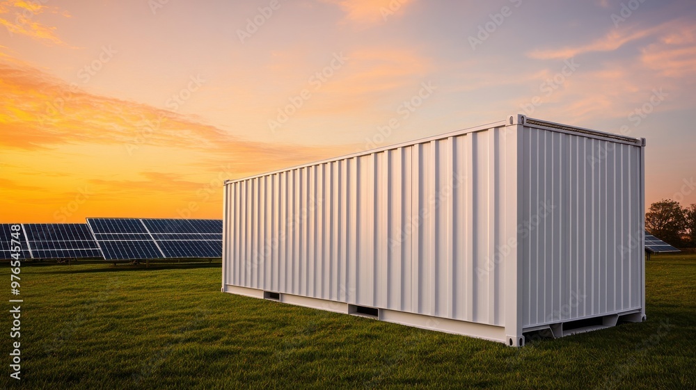 A white shipping container stands in a green field under a vibrant sunset, adjacent to solar panels, representing sustainable energy. A white shipping container stands in a green field under a vibrant sunset, adjacent to solar panels, representing sustainable energy.