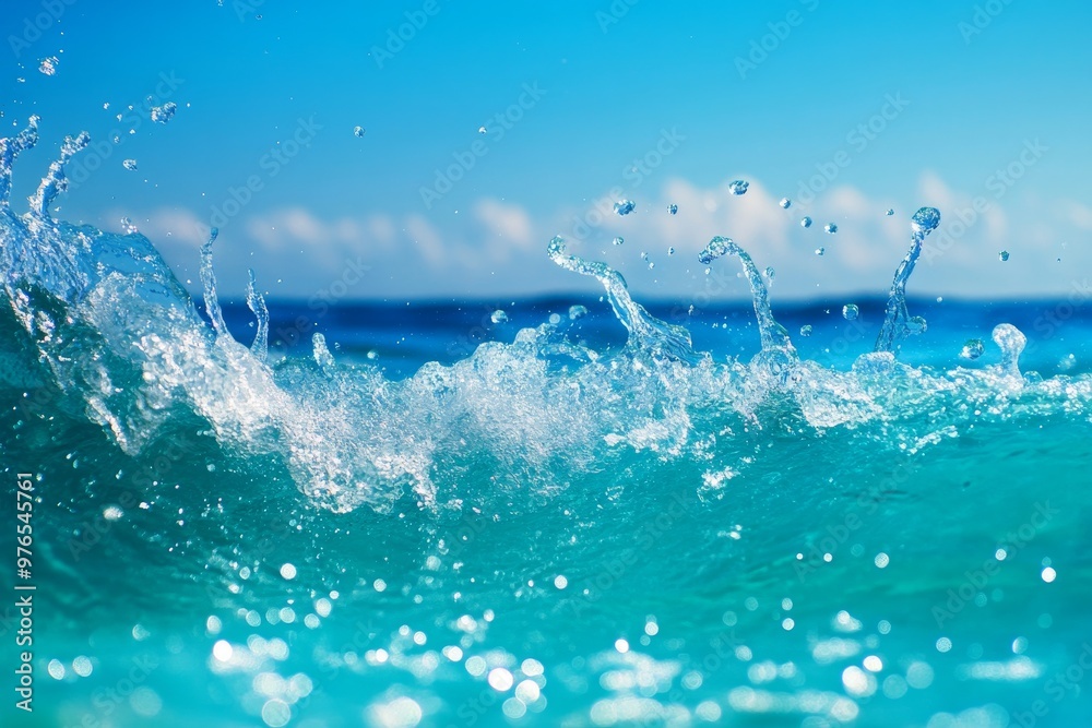 Captivating Ocean Waves Splashing Against a Blue Sky, showcasing the beauty of nature, refreshing water, summer vibes, powerful waves and a bright sunny day. Captivating Ocean Waves Splashing Against a Blue Sky, showcasing the beauty of nature, refreshing water, summer vibes, powerful waves and a bright sunny day.
