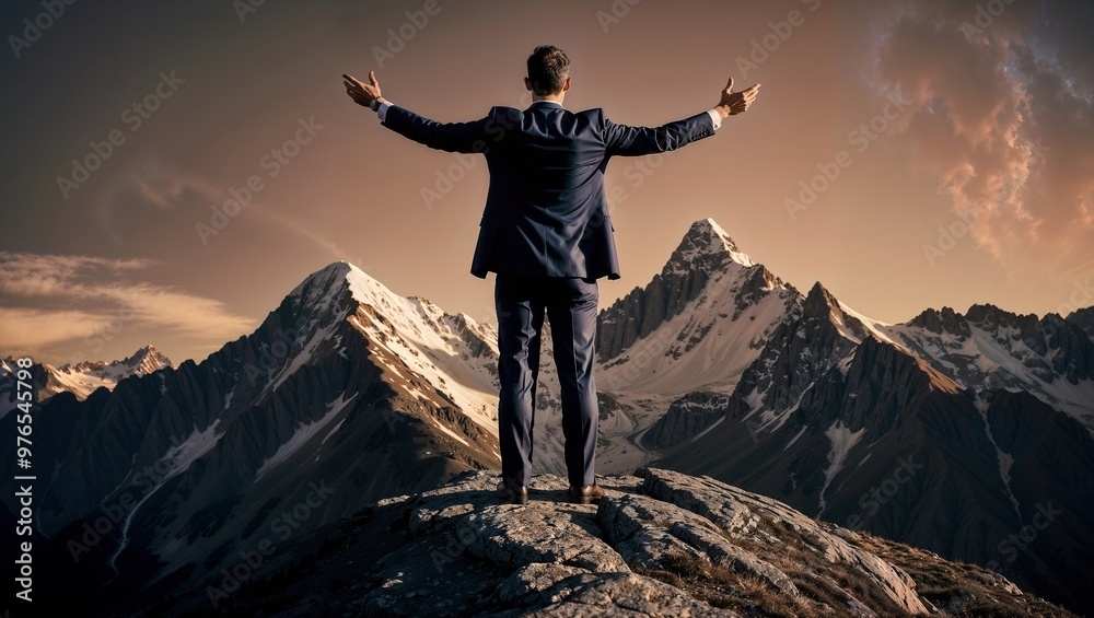 Fototapeta premium Businessman in suit, reaching the top. Success and achievement visible in his expression.