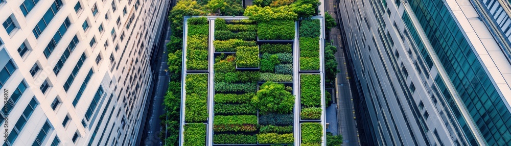 Aerial view of a lush green space surrounded by modern buildings, showcasing urban greenery and sustainability in city design.