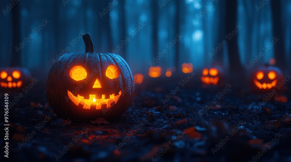 Enchanting Halloween Forest with Glowing Jack-o-Lanterns and Eerie Candlelight Shadows in Foggy Atmosphere, Shot with 85mm Lens f/2.0 Enchanting Halloween Forest with Glowing Jack-o-Lanterns and Eerie Candlelight Shadows in Foggy Atmosphere, Shot with 85mm Lens f/2.0