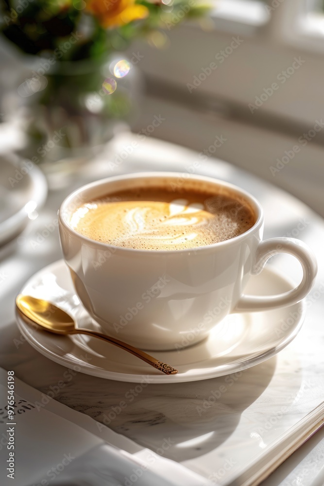 The white cup on the table is filled with fresh coffee The white cup on the table is filled with fresh coffee