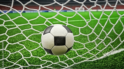 Soccer ball going into goal, net, in a sports stadium