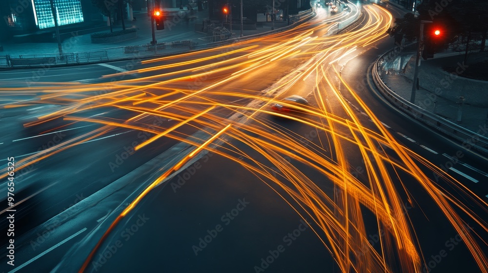 Obraz premium Cityscape Traffic Lights Trails, a long exposure photo of a busy intersection showing dynamic light trails created by cars at night, symbolizing urban mobility, connectivity, energy, and the flow of t