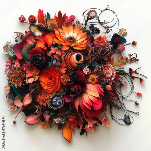 A colorful bouquet of flowers is displayed in a white frame. The arrangement is made up of various types of flowers, including daisies, roses, and sunflowers. The colors of the flowers are bright