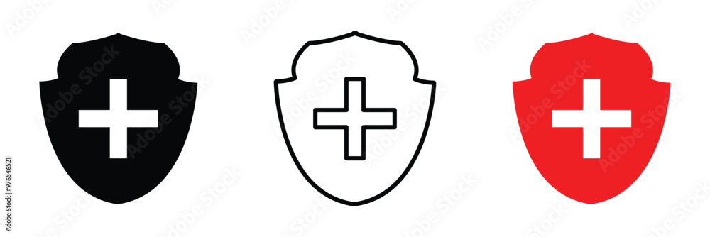 Health Shield with plus icon set. Health protection symbols. Safety medicine. Vector illustration in eps 10. Health Shield with plus icon set. Health protection symbols. Safety medicine. Vector illustration in eps 10.