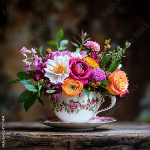A colorful flower arrangement in a teacup on a wooden table. The flowers are a mix of pink, yellow, and orange, creating a vibrant and cheerful atmosphere