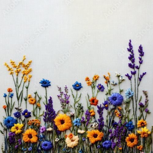 A colorful embroidered flower field with yellow and blue flowers. The flowers are arranged in a row, with some of them overlapping each other. Scene is cheerful and vibrant