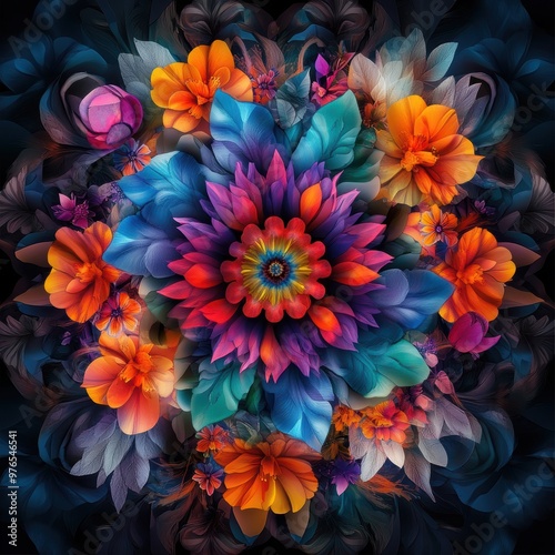 A colorful flower arrangement with a blue and purple flower in the center. The flowers are arranged in a way that they look like they are blooming. Scene is cheerful and vibrant