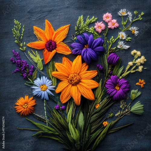 A colorful flower arrangement is embroidered on a blue background. The flowers are orange, purple, and yellow, and they are arranged in a way that creates a sense of depth and dimension