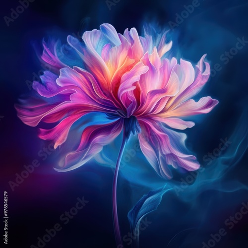 A colorful flower with a blue background. The flower is very large and has a lot of detail. The background is dark blue and has a smoky, almost mystical feel to it