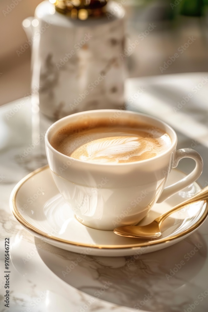 The white cup on the table is filled with fresh coffee The white cup on the table is filled with fresh coffee