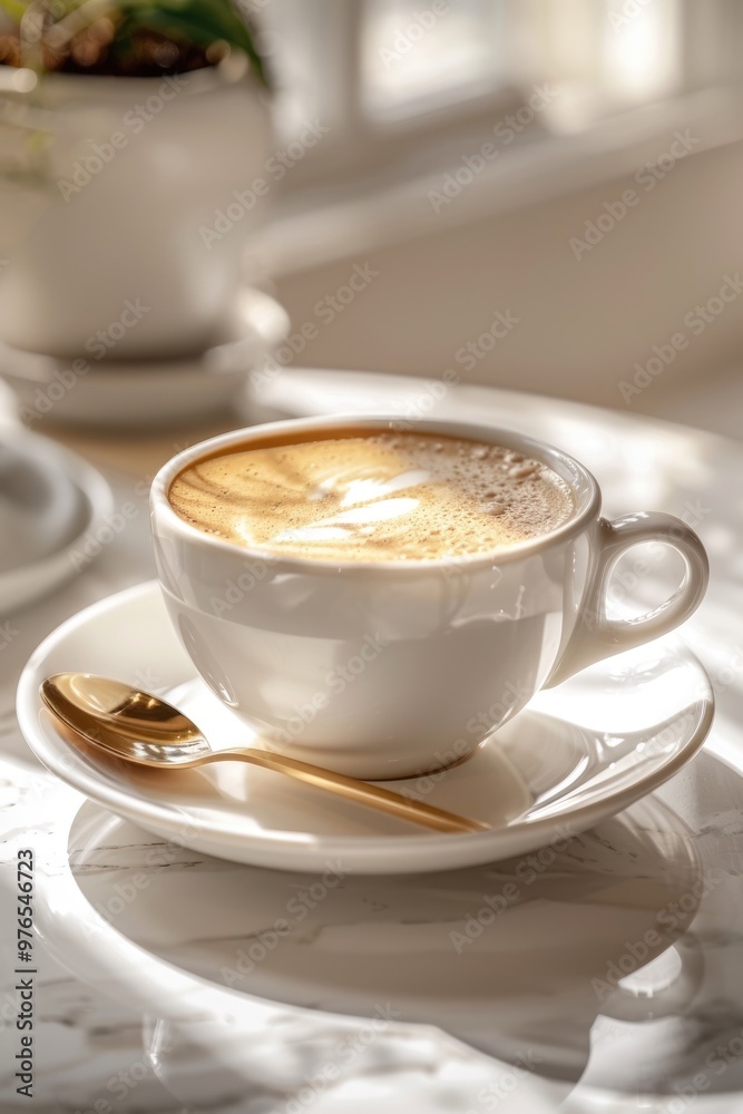 The white cup on the table is filled with fresh coffee The white cup on the table is filled with fresh coffee