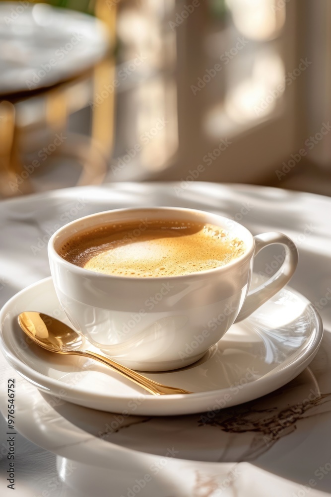 Obraz premium The white cup on the table is filled with fresh coffee
