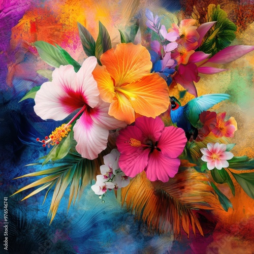 A colorful painting of a flower garden with a hummingbird in the center. The painting is vibrant and full of life, with a mix of bright colors and textures