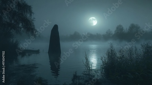 Haunting Presence: Ghostly Apparition Over a Foggy Lake at Night
