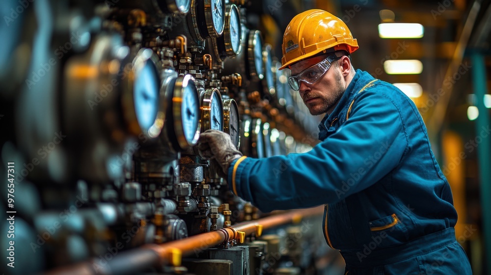 Precision Work: Engineer Adjusting Pressure Gauges on Large Boiler in Power Plant with Canon 50mm Lens Capture Precision Work: Engineer Adjusting Pressure Gauges on Large Boiler in Power Plant with Canon 50mm Lens Capture