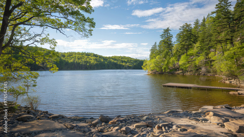A photo of a serene landscape with a calm lake surrounded by lush green forests. The sky is clear with a few clouds. The shoreline is rocky. There is a wooden dock extending into the lake.