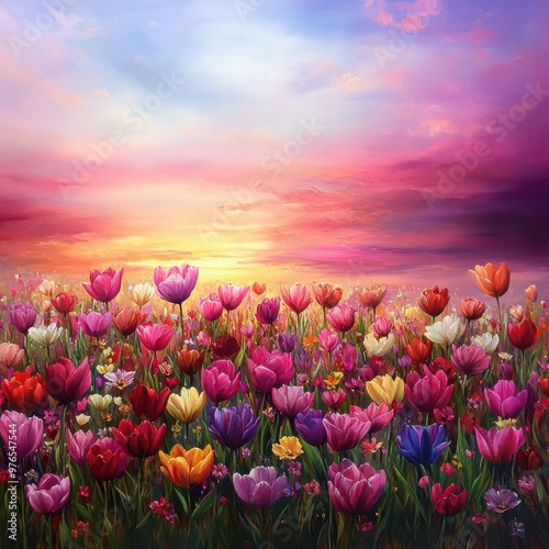 A field of flowers with a beautiful sunset in the background. The colors of the flowers are vibrant and the sky is a mix of pink and purple. The painting conveys a sense of peace and tranquility